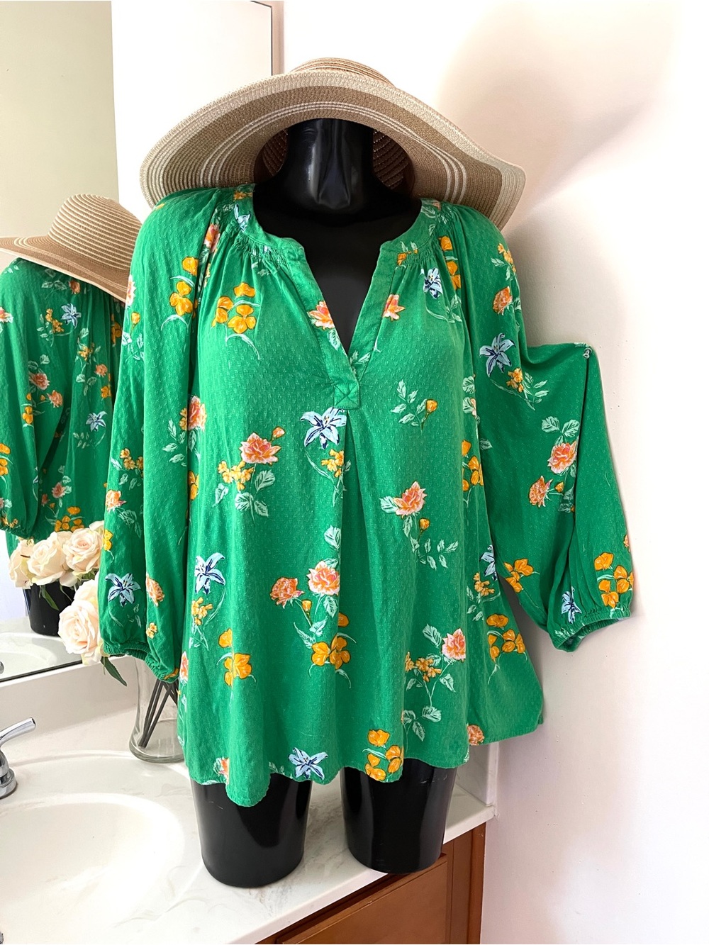 CROWN & IVY Floral Women’s Tunic Top Plus Size XXL Green Cotton Shirt Blouse